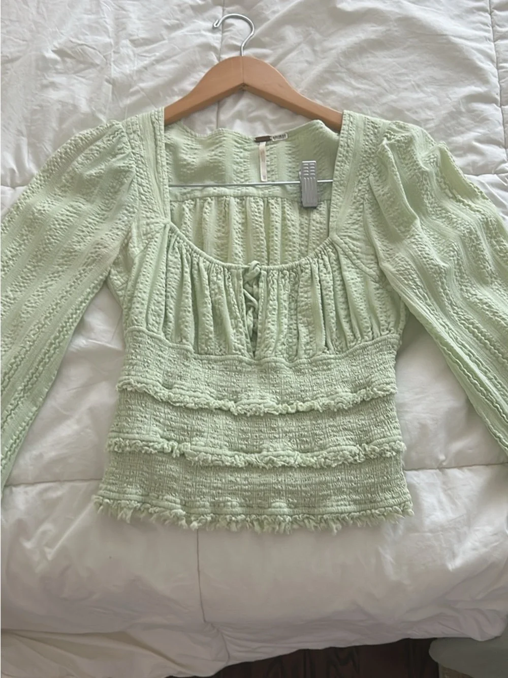 Free People Pastel Mint Smocked Peasant Blouse