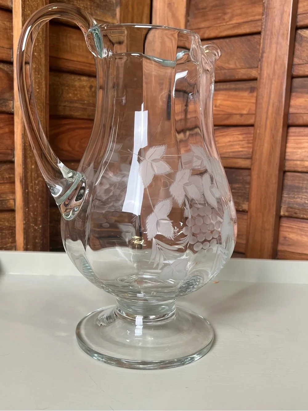 Etched Glass Pitcher with Grapevine Motif - Clear