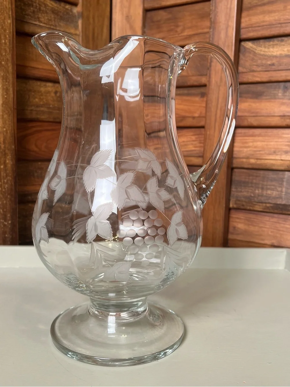 Etched Glass Pitcher with Grapevine Motif - Clear