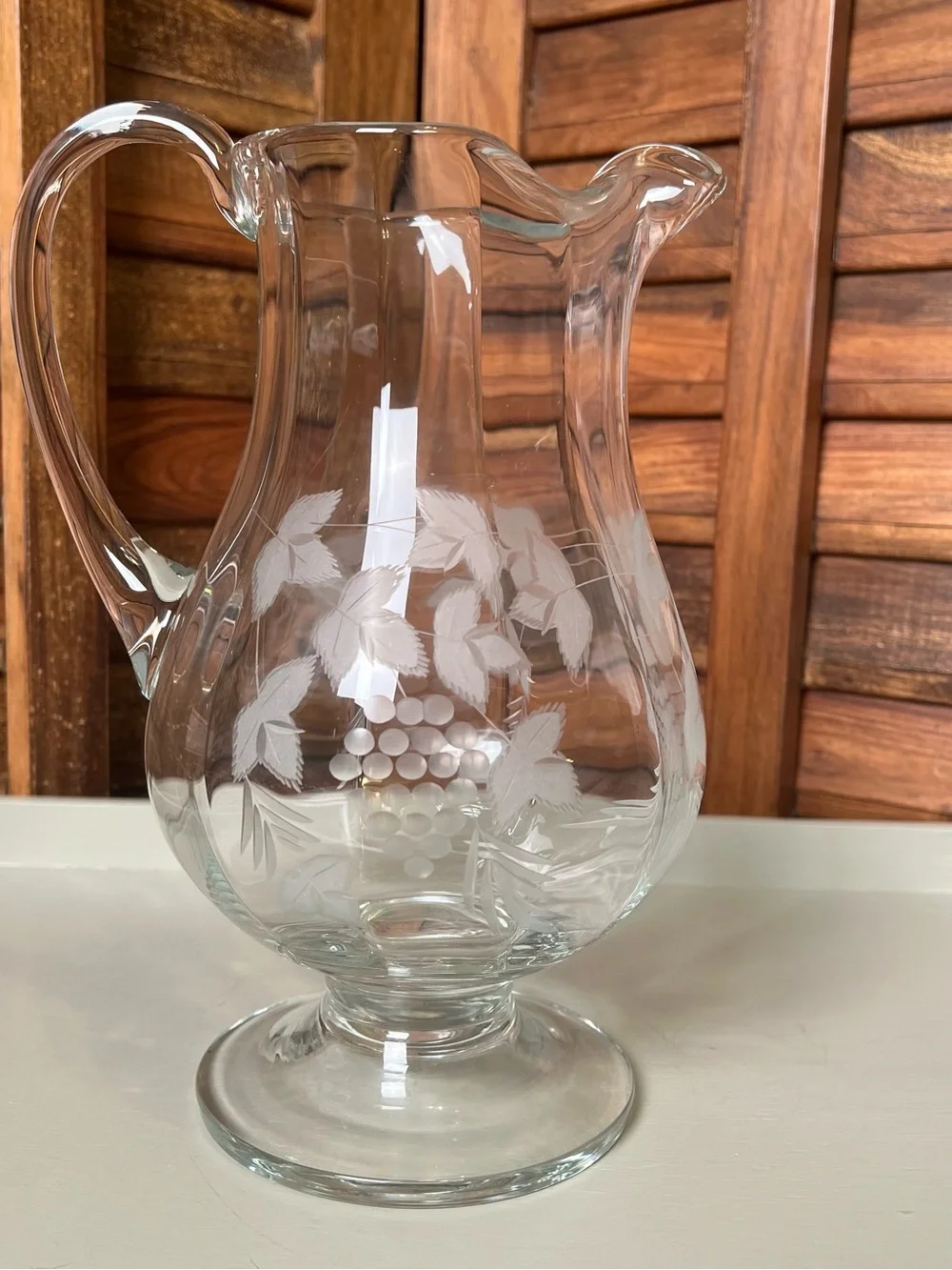 Etched Glass Pitcher with Grapevine Motif - Clear