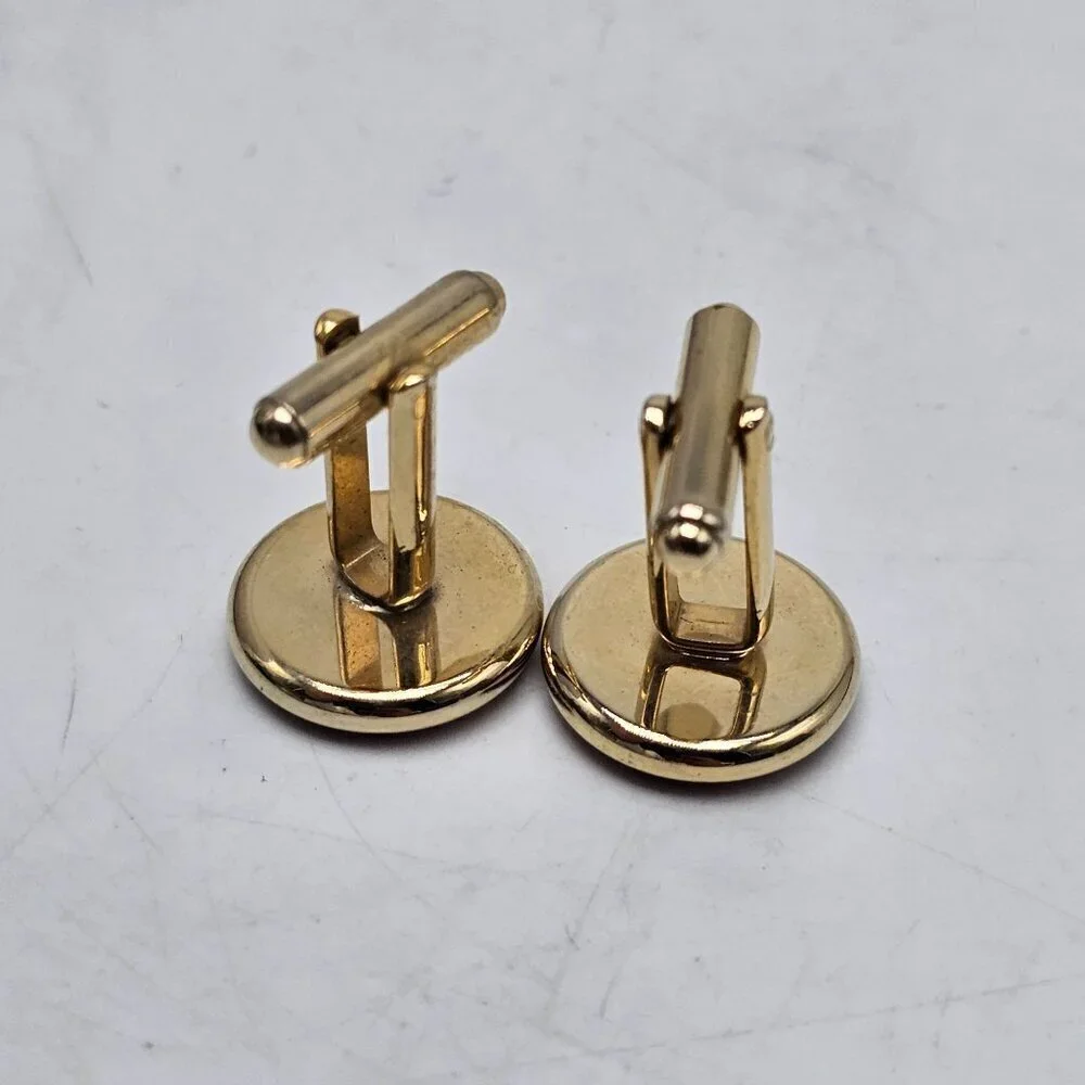 Gold Tone Cufflinks With Red Enamel Round Design Mid Century