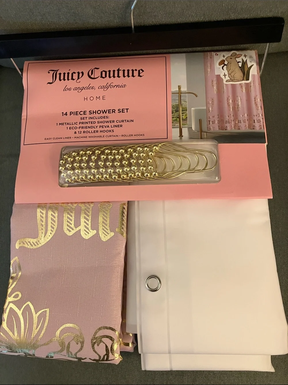 ✨Juicy Couture 14 pc shower set gorgeous pink & gold metallic curtain NWT