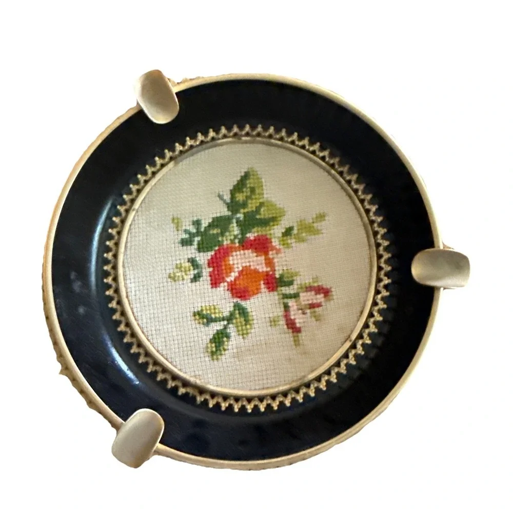 PETIT POINT Rose Ashtray MCM catch All Small Trinket Bowl Vtg Metal No Glass
