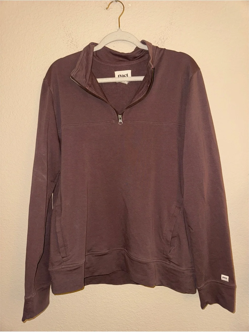 Pact Men’s Stretch French Terry Quarter Zip Sweatshirt Size Medium Dusty Brown