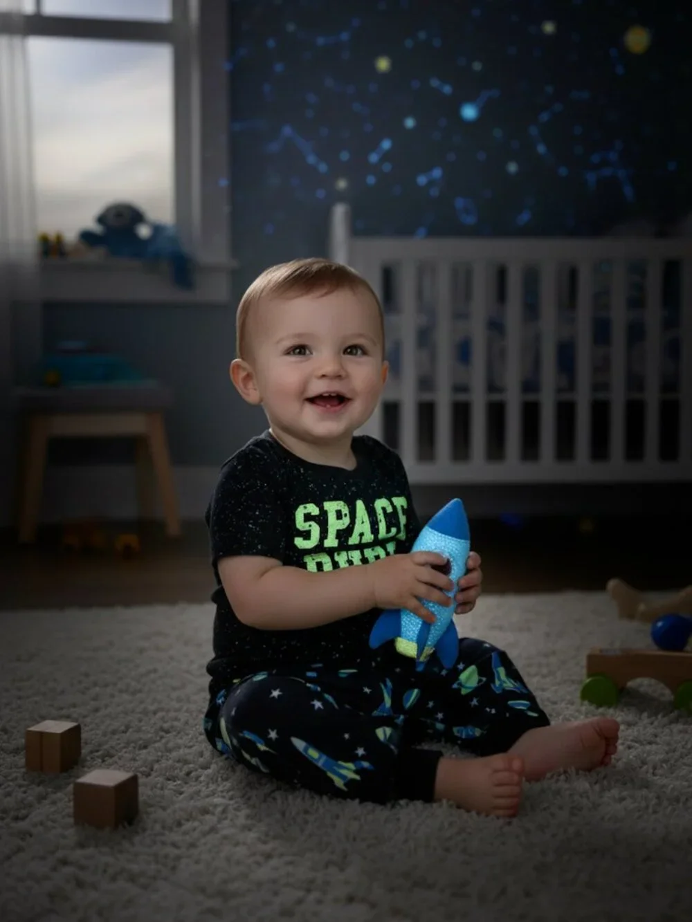 NWT Carter's Space Dude Pajamas 12M Glow In The Dark Galaxy Rocket Ship PJs
