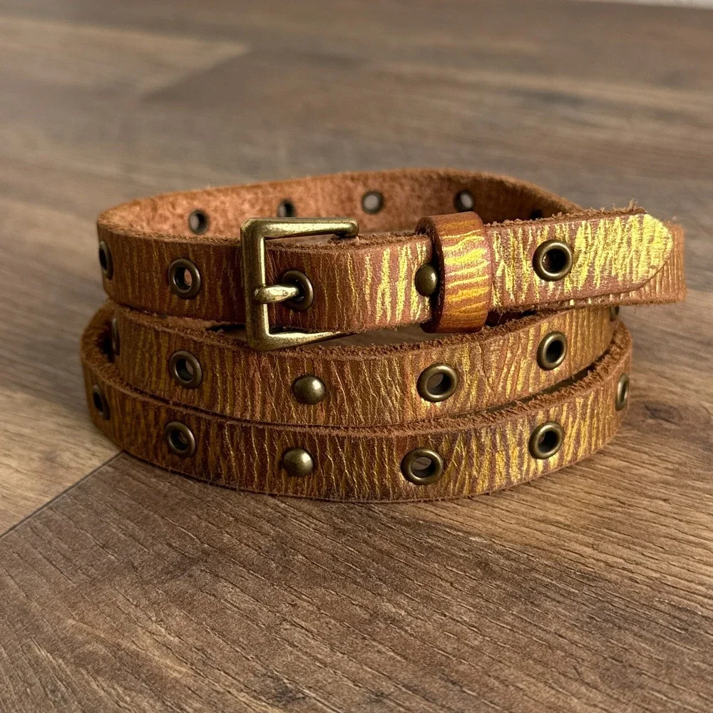 Gap Boho Metallic Leather Skinny Grommet‎ Studded Belt Brown Gold Womens Medium