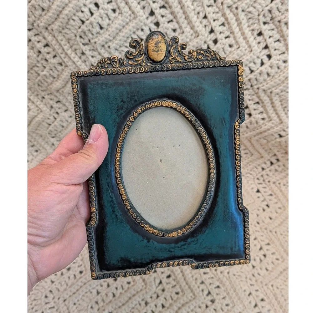 Silvestri Vintage Style Ornate Picture Frame Dark Green Gold Oval 3x5 Tabletop