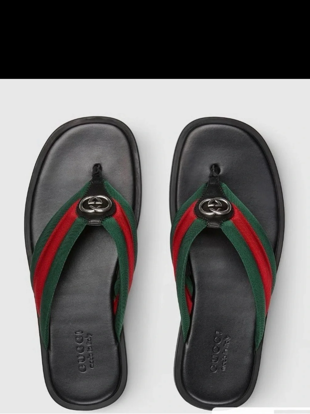 GG Black Leather Thong Sandals with Green and Red Web