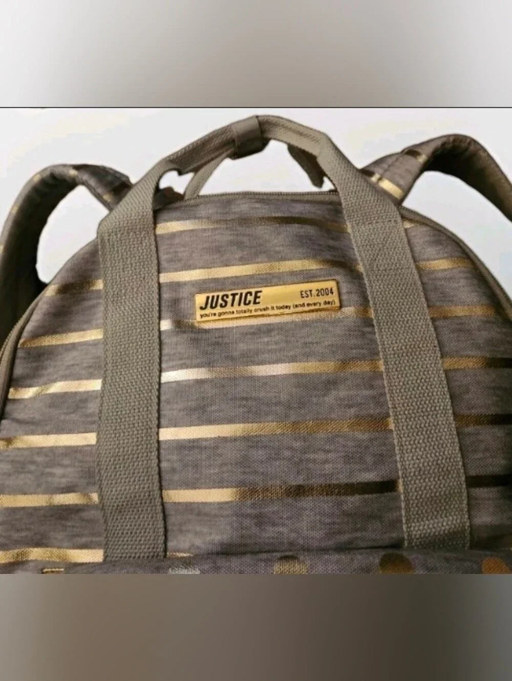 JUSTICE BACKPACK/BOOKBAG AND LANYARD GRAY SHIMMERING GOLD STRIPES/DOTS