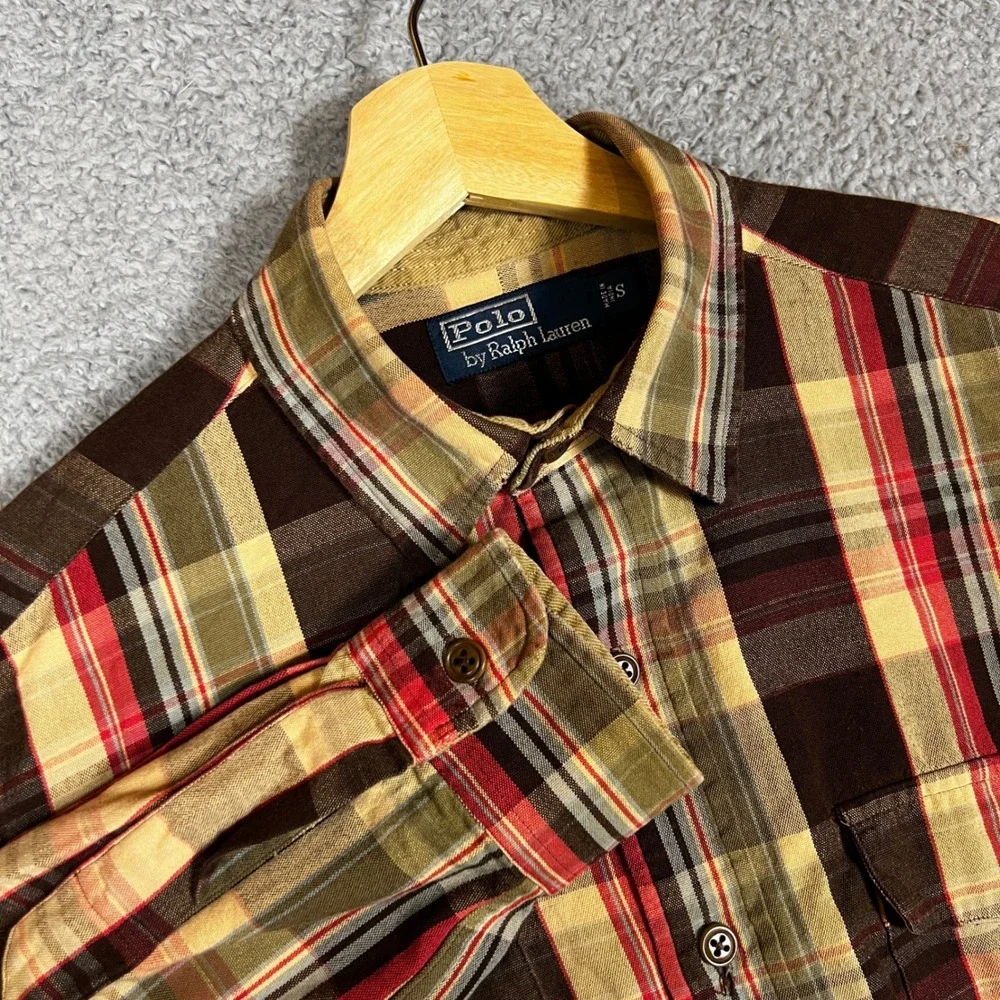 Polo Ralph Lauren Button Down Shirt Mens S Brown‎ Excellent Plaid Elbow Patches