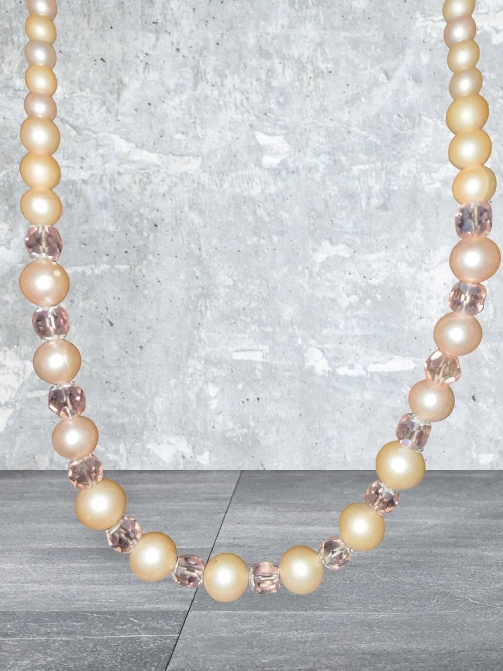Vintage Faux Champagne Pearl and Pink Crystal Necklace 24”