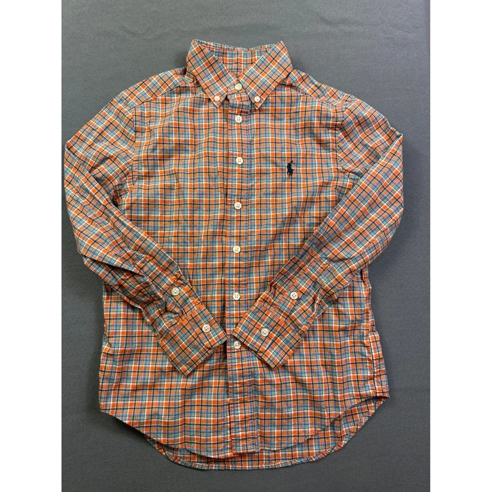 Ralph‎ Lauren Boys Orange Plaid Button Down Shirt Natural Stretch Size 8 S/P