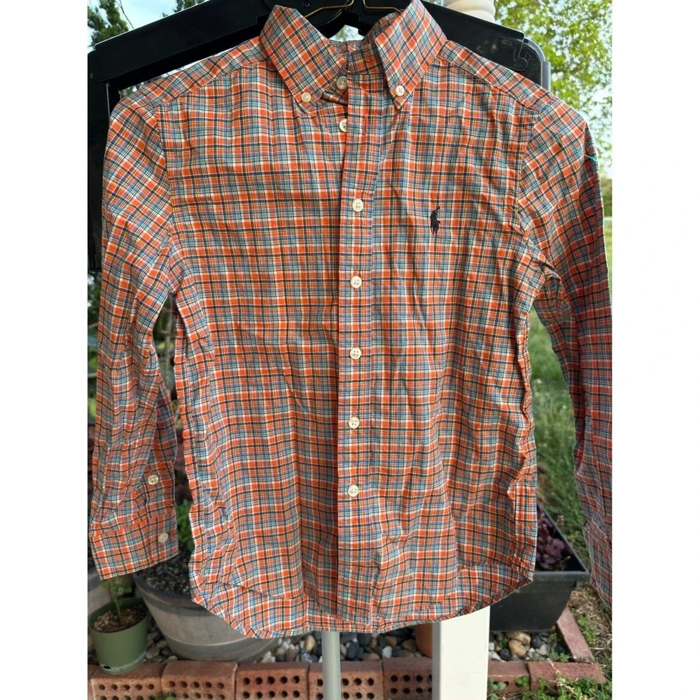 Ralph‎ Lauren Boys Orange Plaid Button Down Shirt Natural Stretch Size 8 S/P