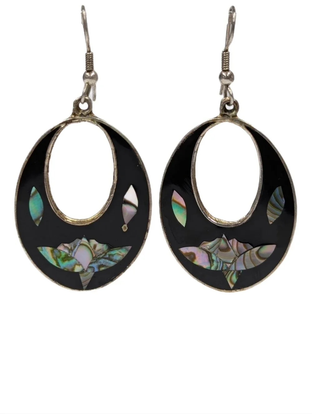 Vintage Alpaca Mexico Floral Drop Earrings Mother Of Pearl Abalone