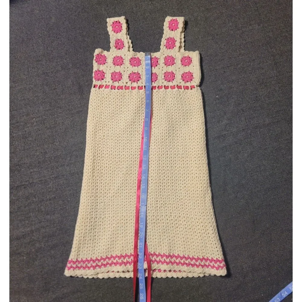 Vintage Hand‎ Knit Girls Dress Crochet Cream Pink 10-12 Or Womens XXS