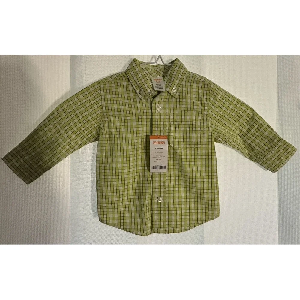 Gymboree Boys Light Green Paid Button Up Shirt - Size 6-12 Months New With Tag