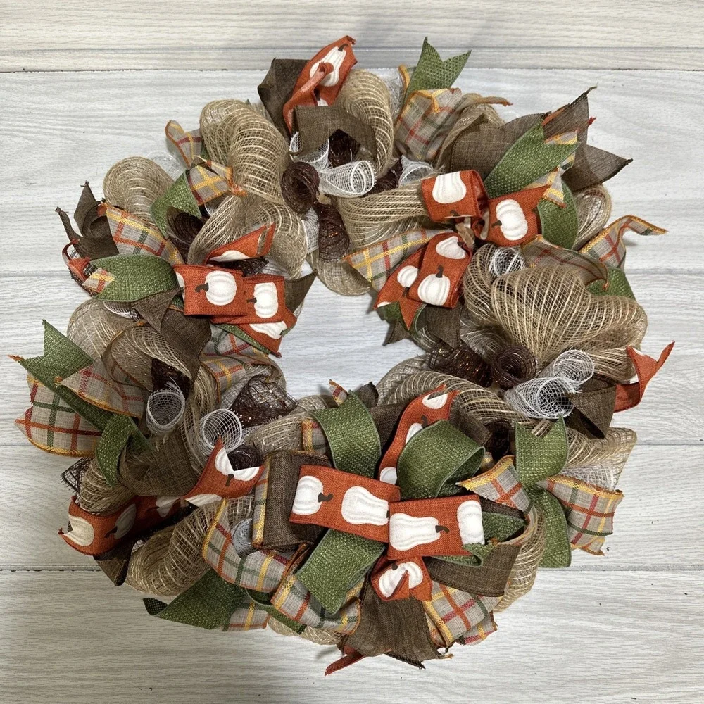 Handmade Fall Autumn Pumpkin Plaid Orange Brown Green Ribbon 18