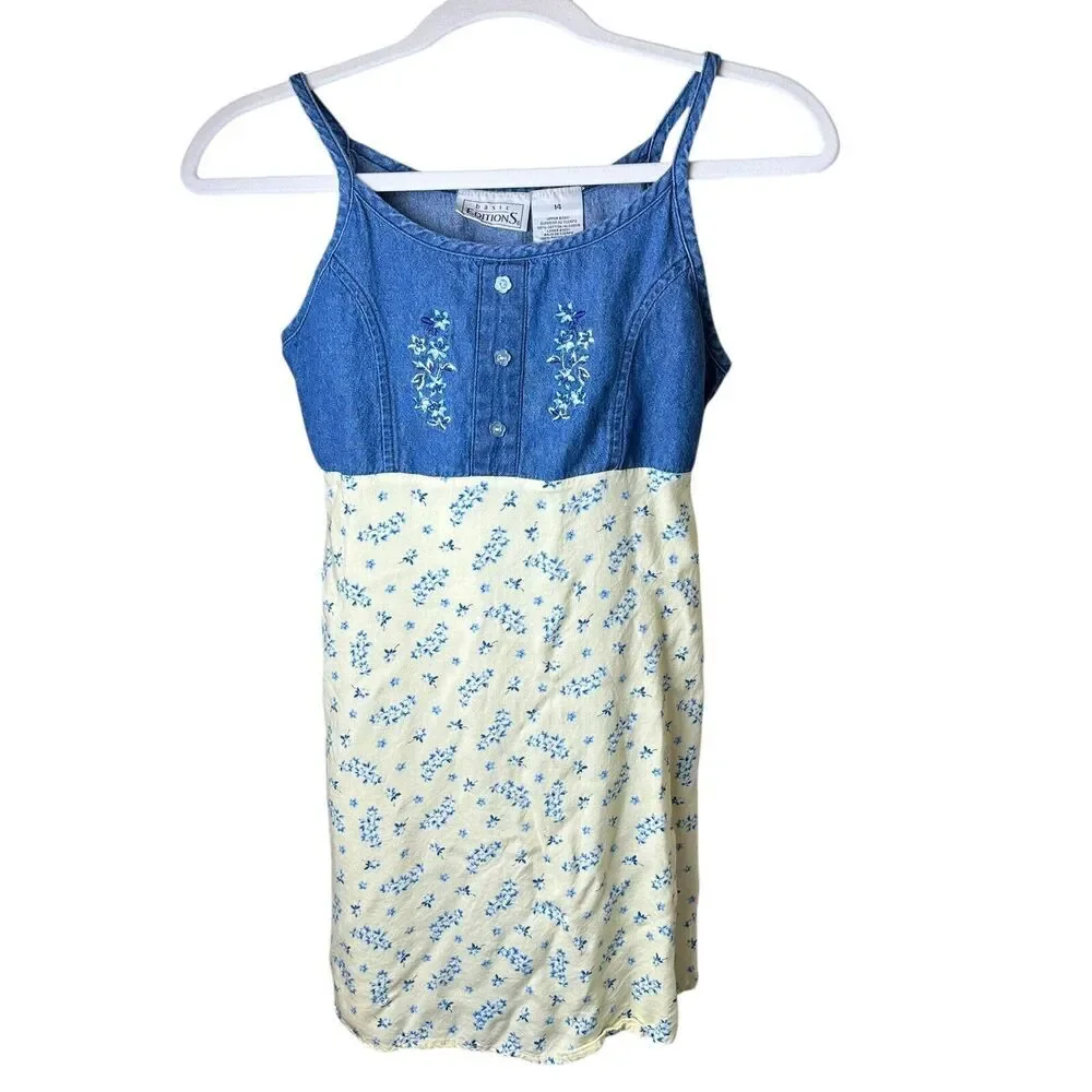 Y2K Vintage Basic Editions Girls Denim & Yellow Floral Dress 14‎ | Cottagecore