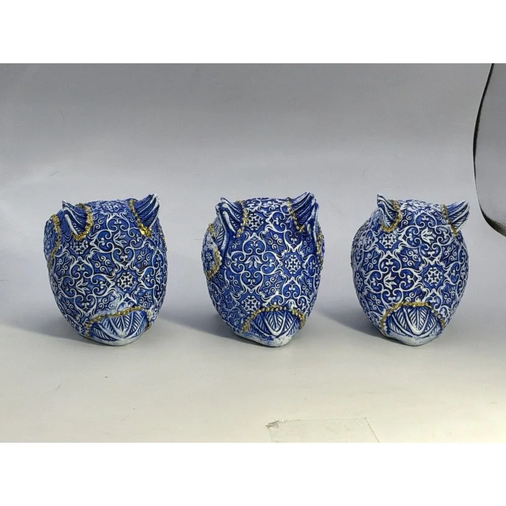 See No Evil Hear No Evil Speak No Evil Blue/white Resin Owls Gold Accents