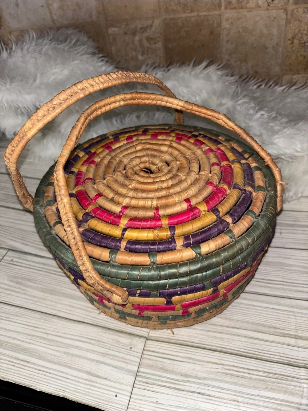 Boho Woven Basket Colorful with handles Sewing Storage Home Decor Dining