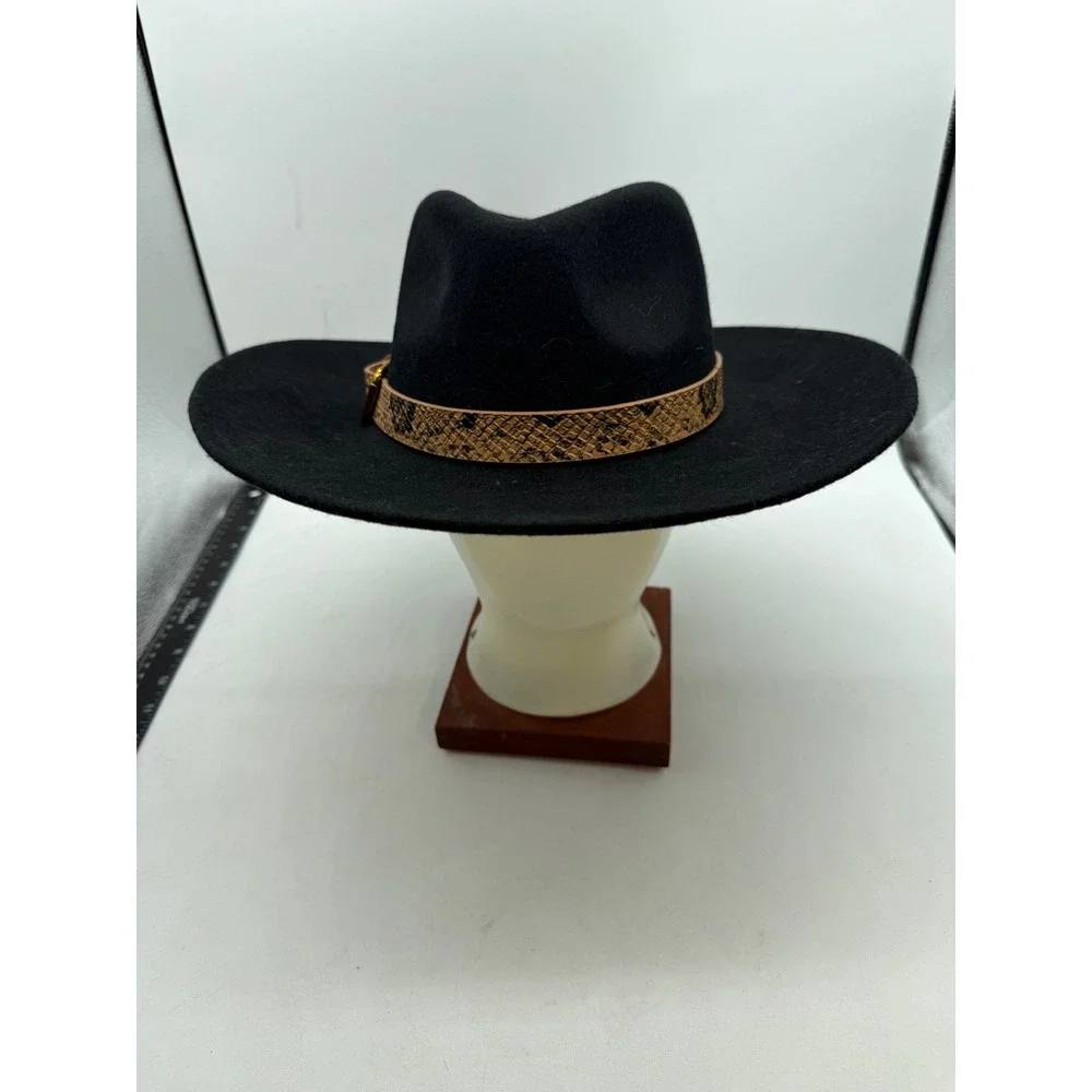POL Black 100% Wool Wide Brim Fedora Hat indie cowgirl Snakeskin Buckle mobwife