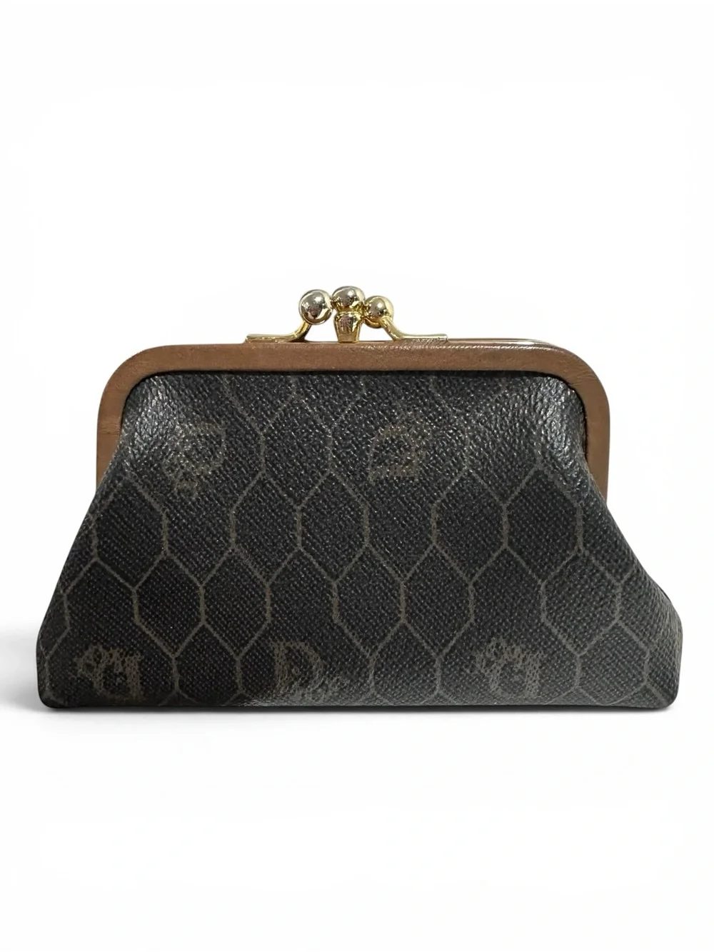 Dior Honeycomb Vintage Black & Tan Leather Kisslock Card & Coin Case