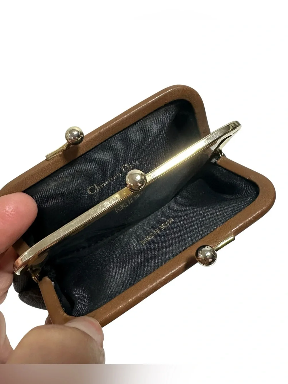 Dior Honeycomb Vintage Black & Tan Leather Kisslock Card & Coin Case