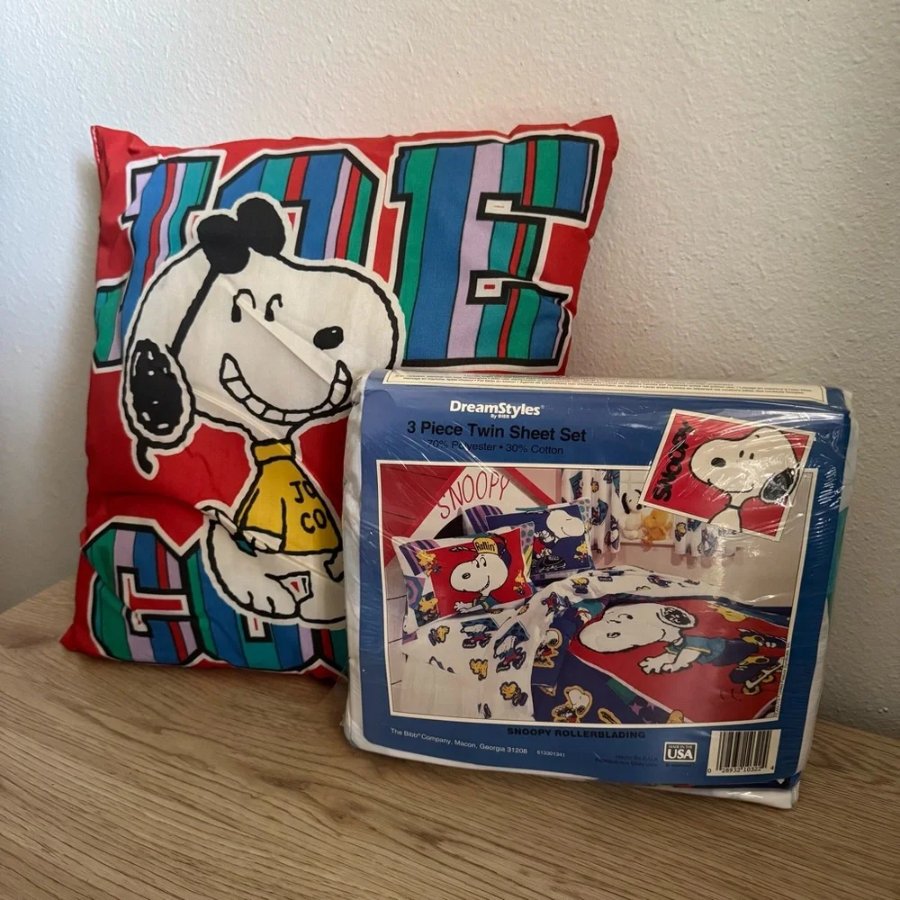 Peanuts Snoopy New‎ Twin Sheet Set Joe Cool Vintage 90s Double Sided Pillow