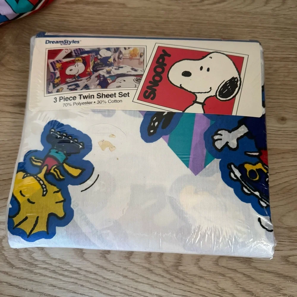Peanuts Snoopy New‎ Twin Sheet Set Joe Cool Vintage 90s Double Sided Pillow
