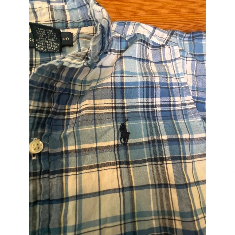 Ralph Lauren Boys Blue White Plaid Short Sleeve Button Down Shirt Size 4T Cotton