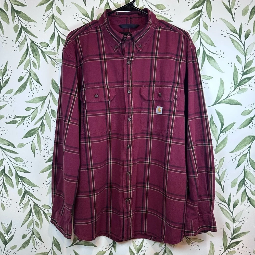 Carhartt Men’s Loose Fit Midweight Chambray Shirt. Deep Red Plaid. Large.