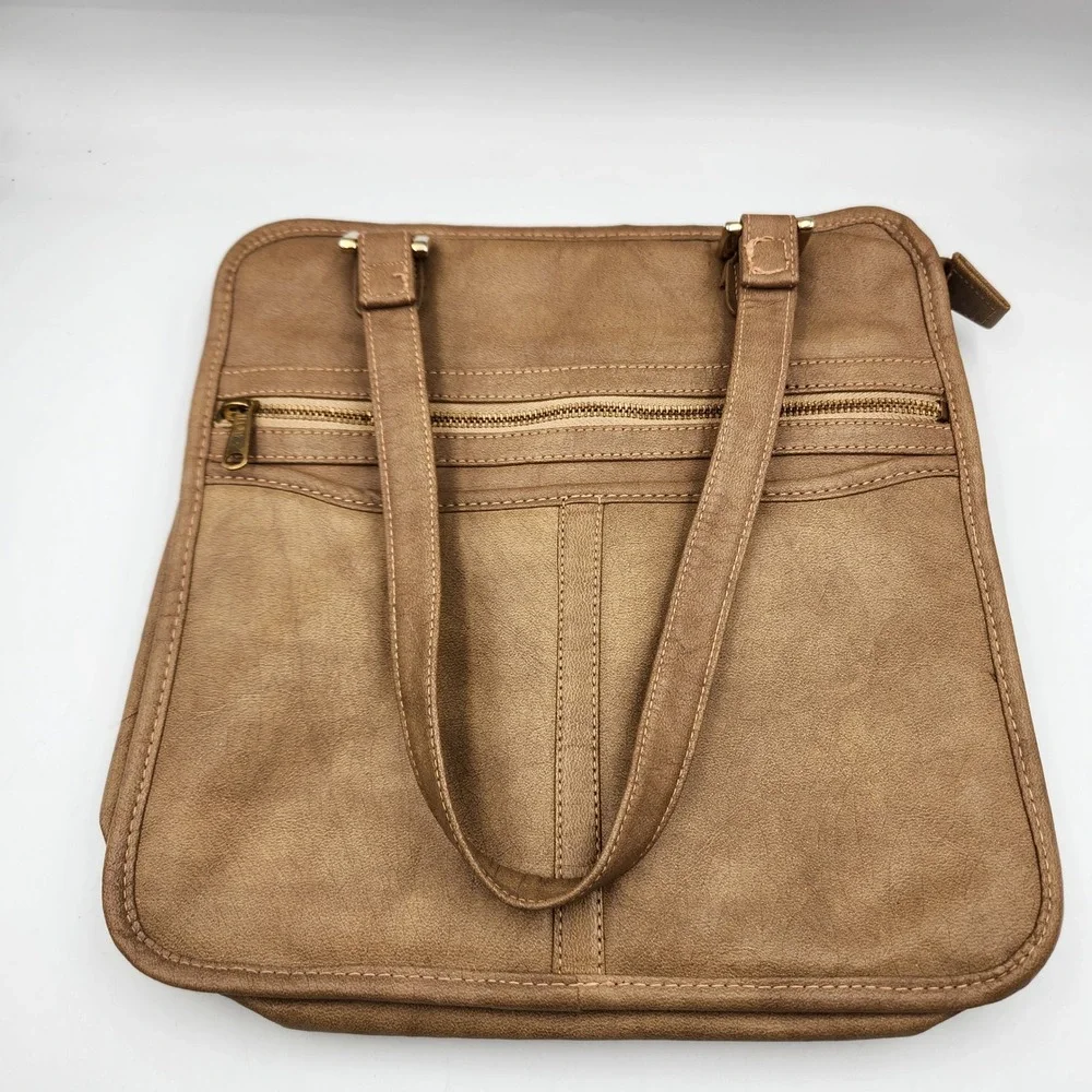 MaryAnn Rosenfeld Leather Tote Bag‎ Tan Brown Zip Top Shoulder Handbag