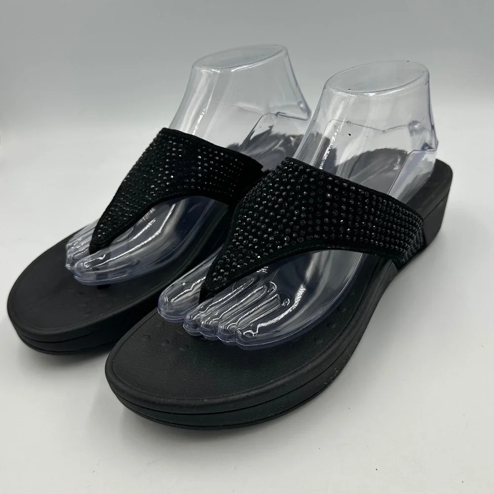 Vionic Naples Rhinestone Thong Sandals Black Comfort Slides wedge  W11 EU43
