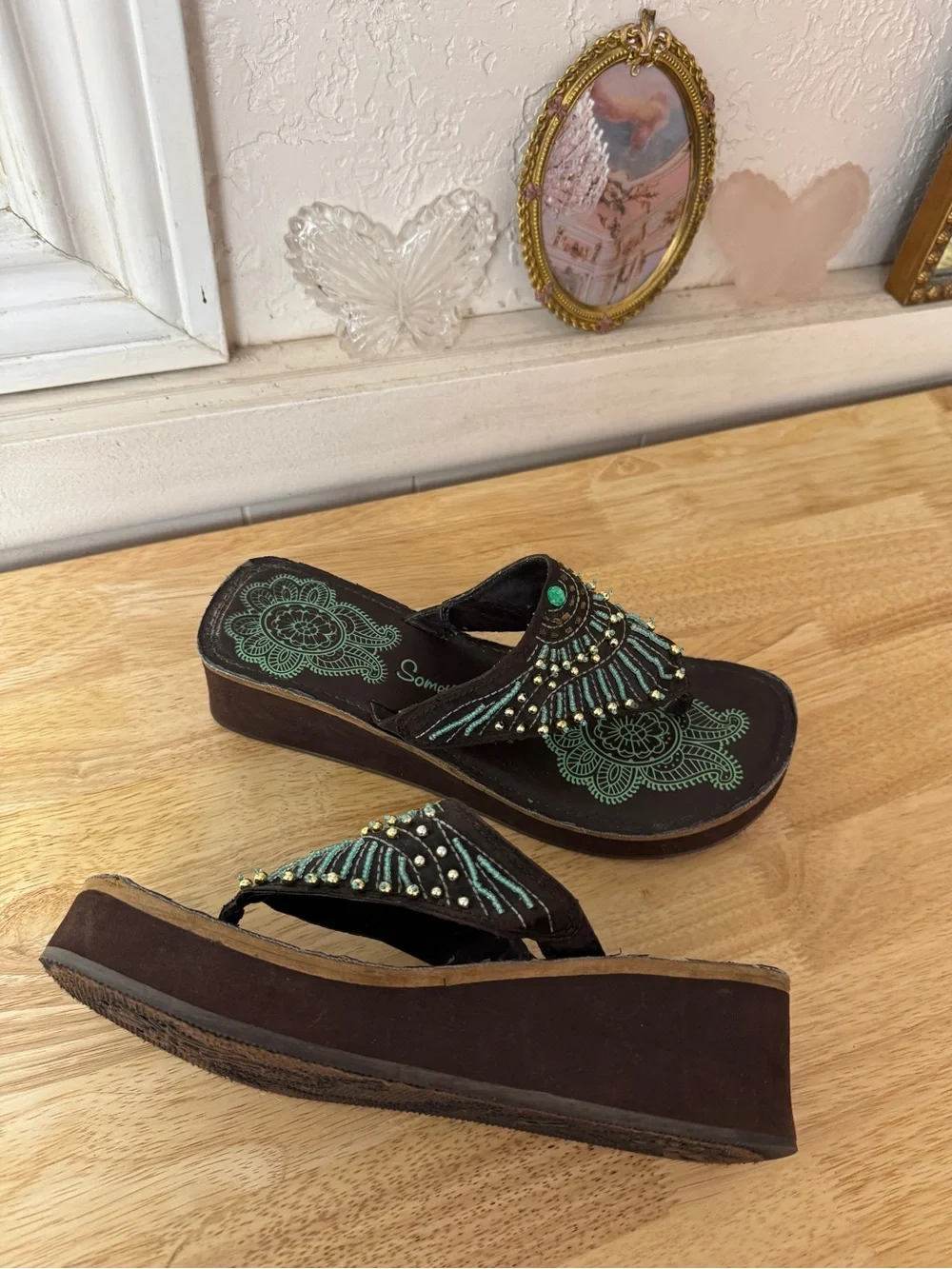 2000s Skechers Embellished Platform Flip Flops Size 8 Y2K Boho Festival Sandals