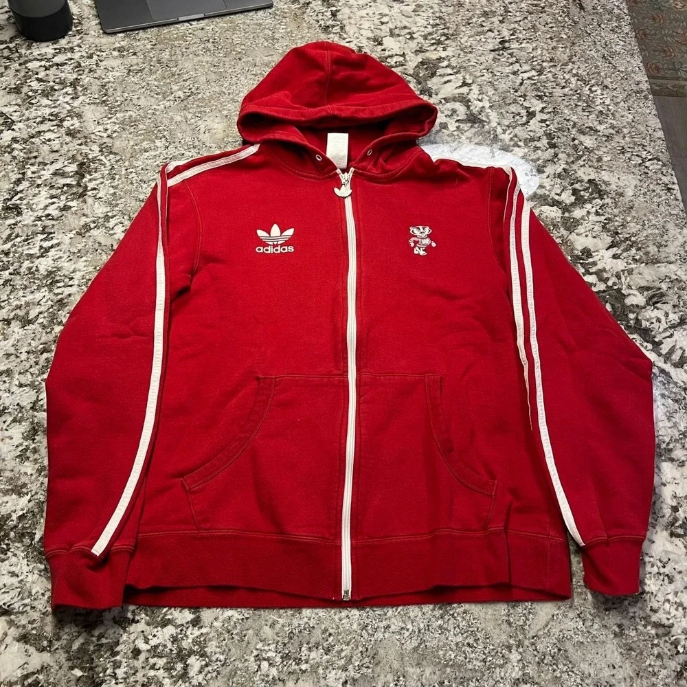 Vintage 2000s Adidas Originals Wisconsin Badgers Full Zip Hoodie Red Mens Large