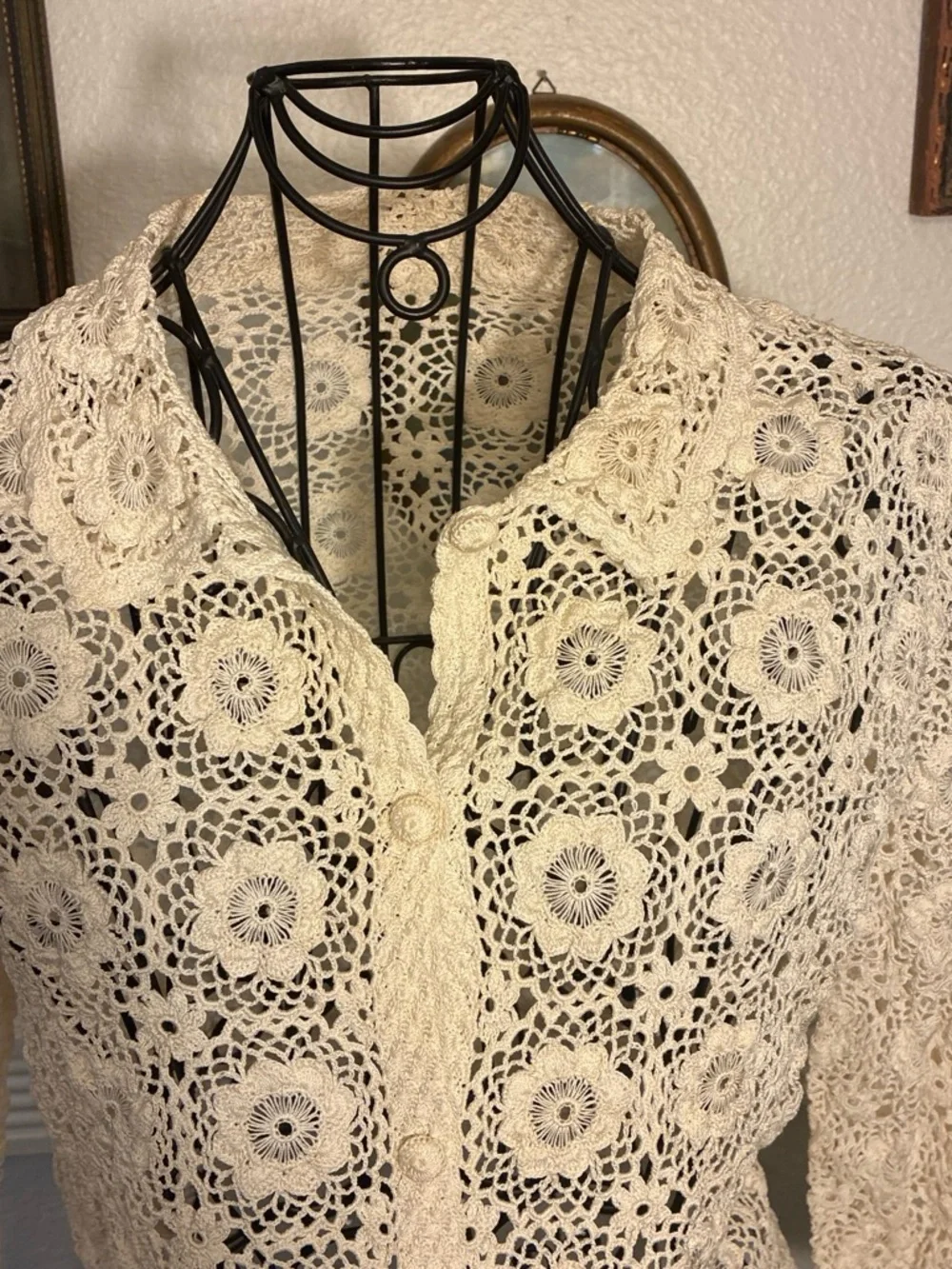 Cream Crocheted Button-Up Floral Lace Blouse