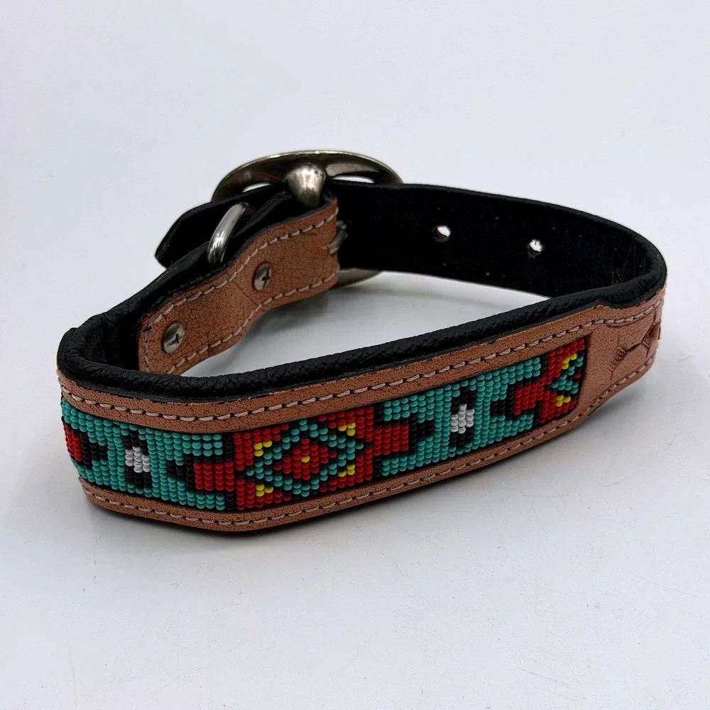 Myra Poppy of the Plains Beaded Leather Dog Collar Turquoise Western Small