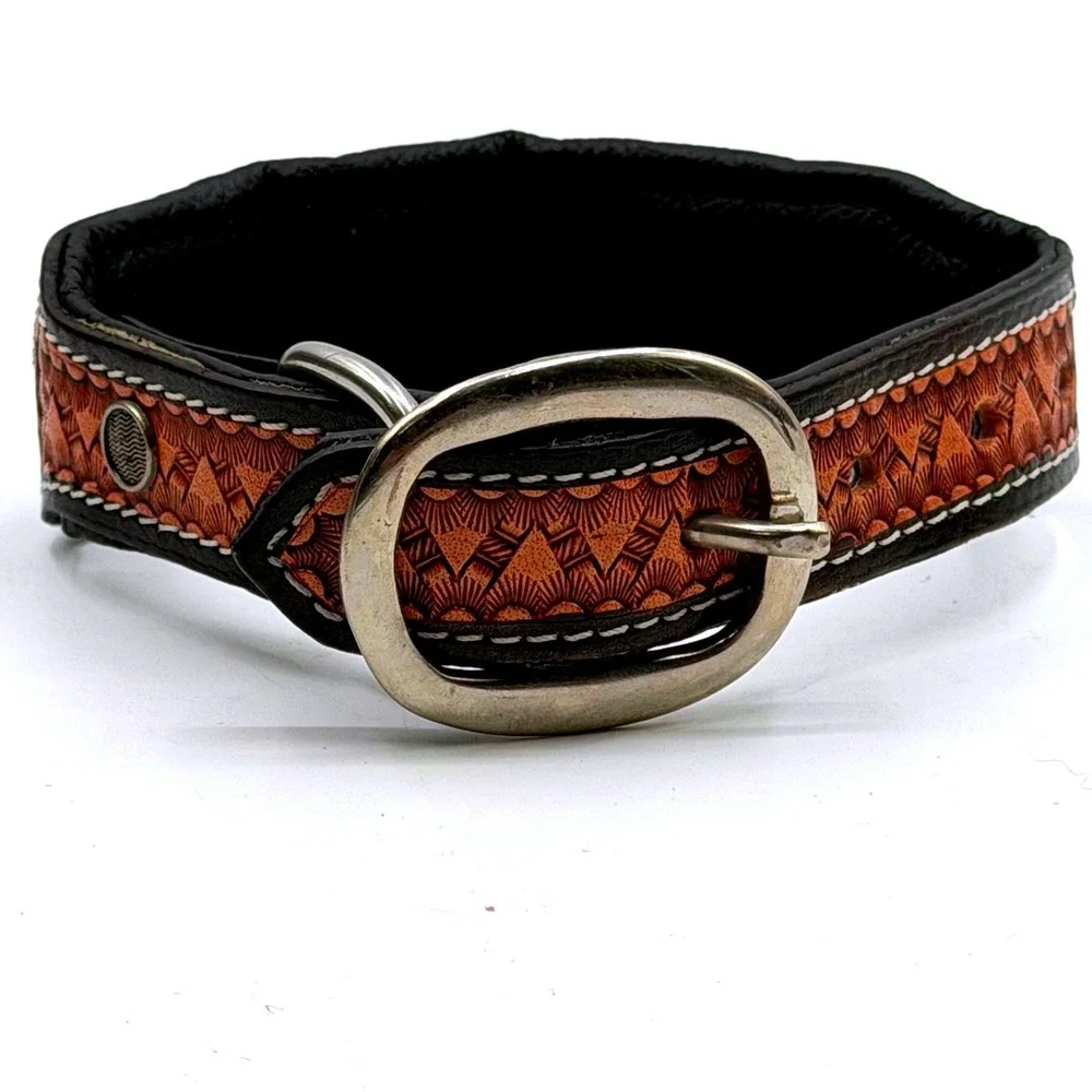Myra Dodger Trail Dog Collar Black Leather Beaded Tooled Southwestern Small