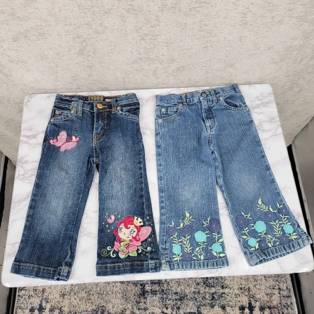 Old Navy + Children's Place Y2K Girls Denim Jeans with Embroidered Design Lot
