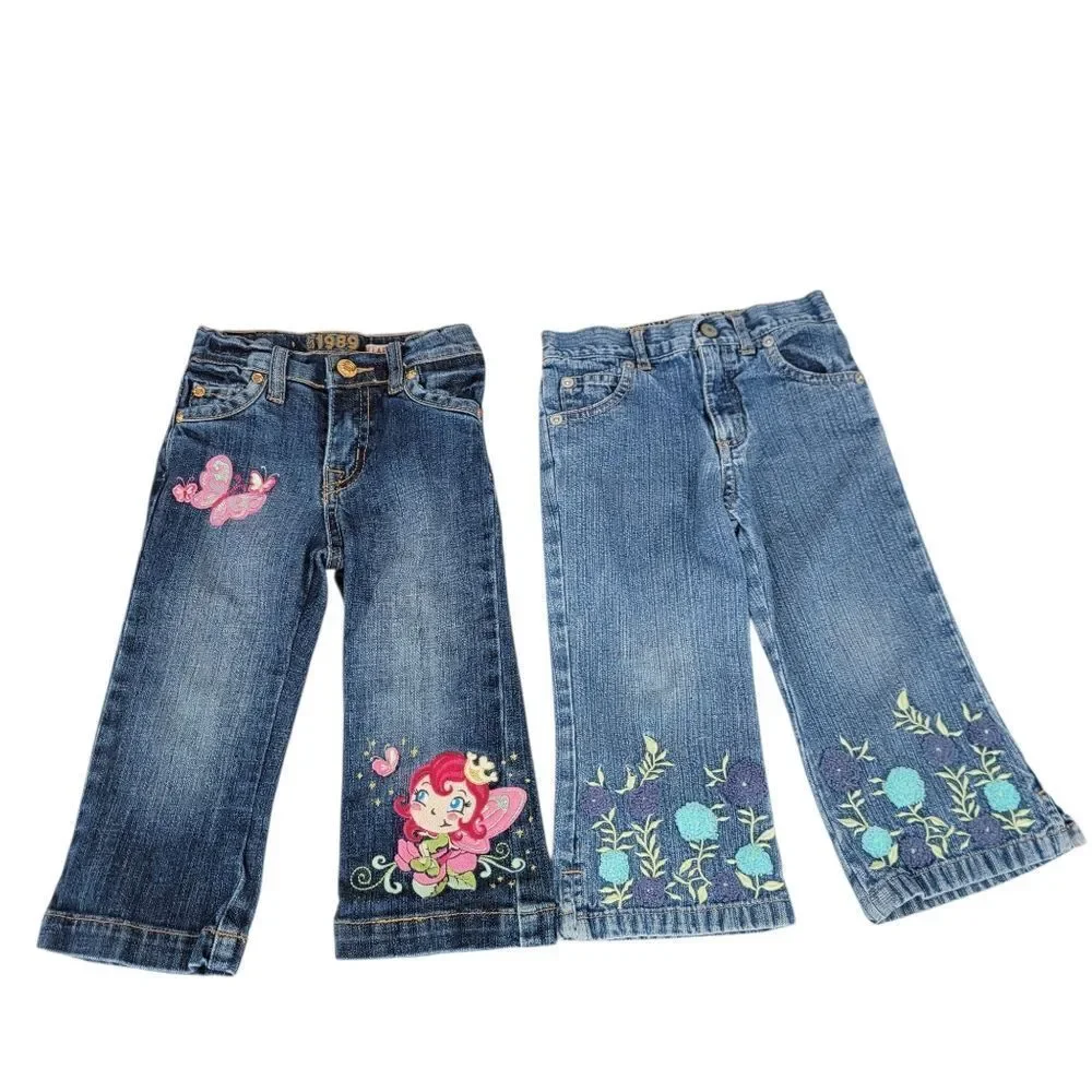 Old Navy + Children's Place Y2K Girls Denim Jeans with Embroidered Design Lot