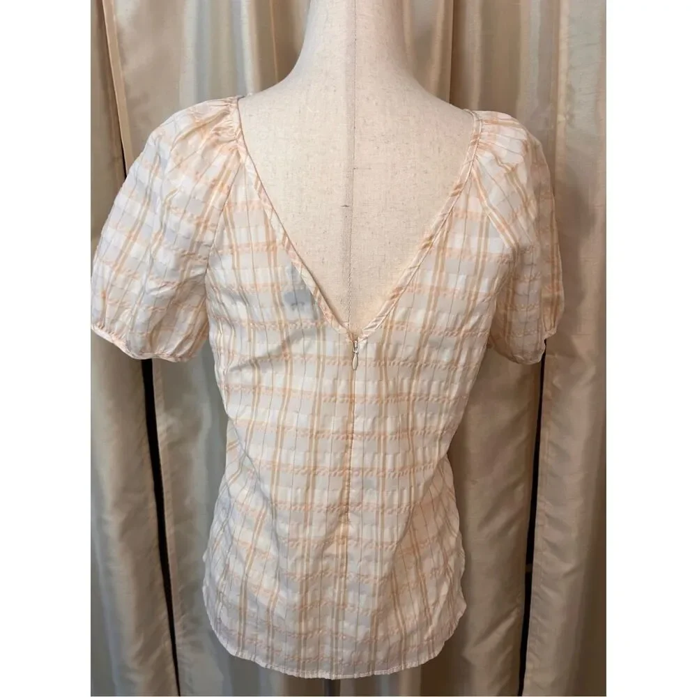 J Crew Women's V Back Puff Sleeve Textured Plaid Top Blouse Size 2 NWOT