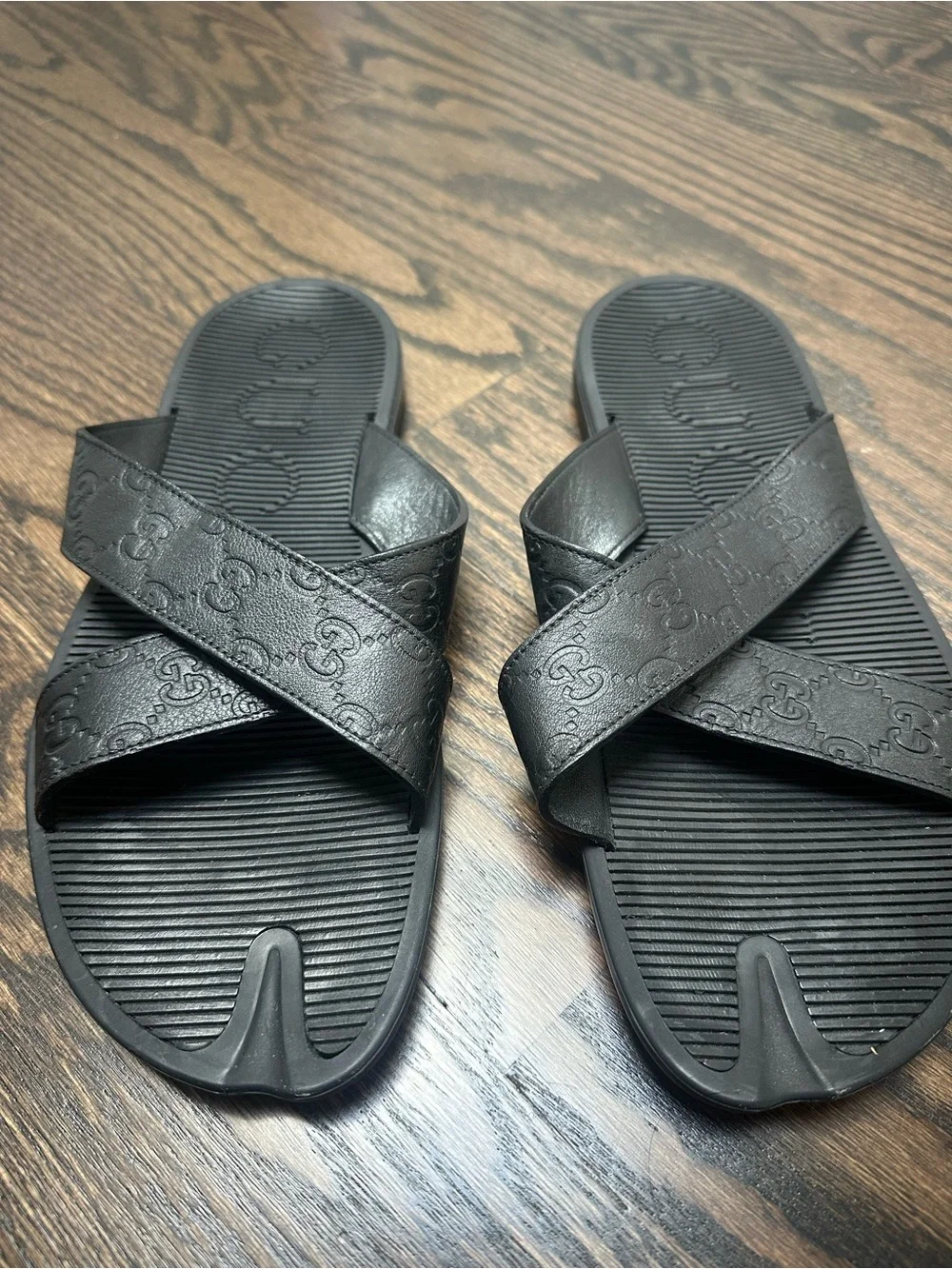 Gucci Men's Black Embossed Leather Cross-Strap Sandals