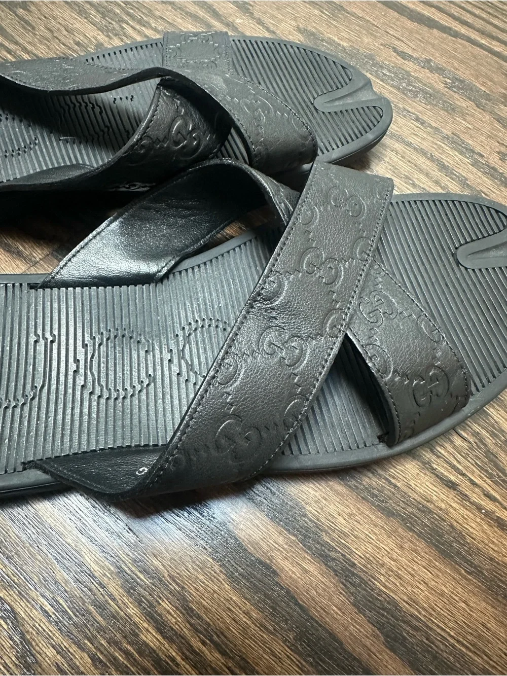 Gucci Men's Black Embossed Leather Cross-Strap Sandals