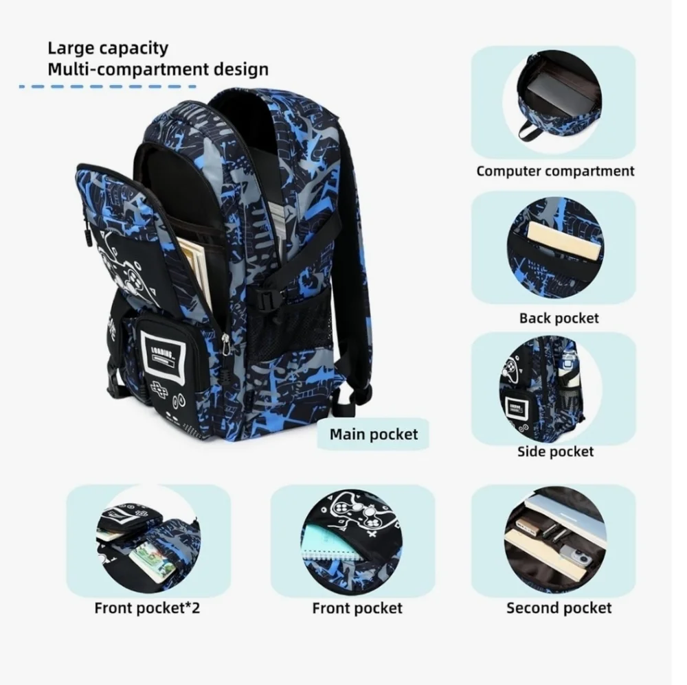 Blue and Black Gaming Backpack Set with Controller Design Glow In The Dark NWOT