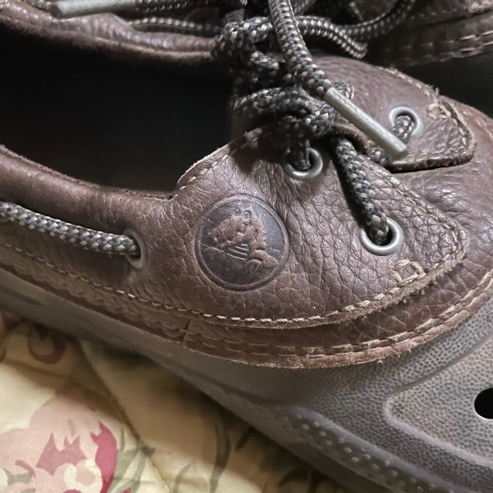 Crocs Mens Boat Shoe Clog Hybrid Dark Brown Leather Lace Up‎ Size 10