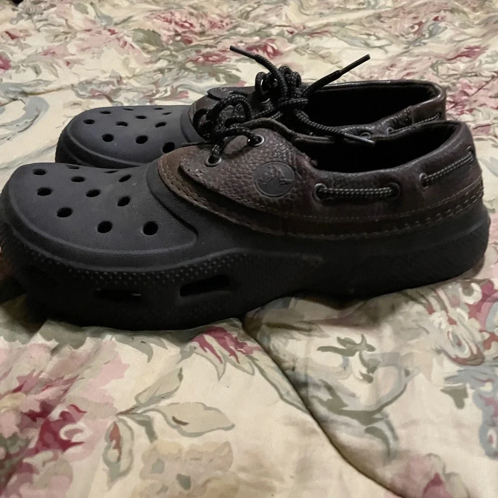 Crocs Mens Boat Shoe Clog Hybrid Dark Brown Leather Lace Up‎ Size 10