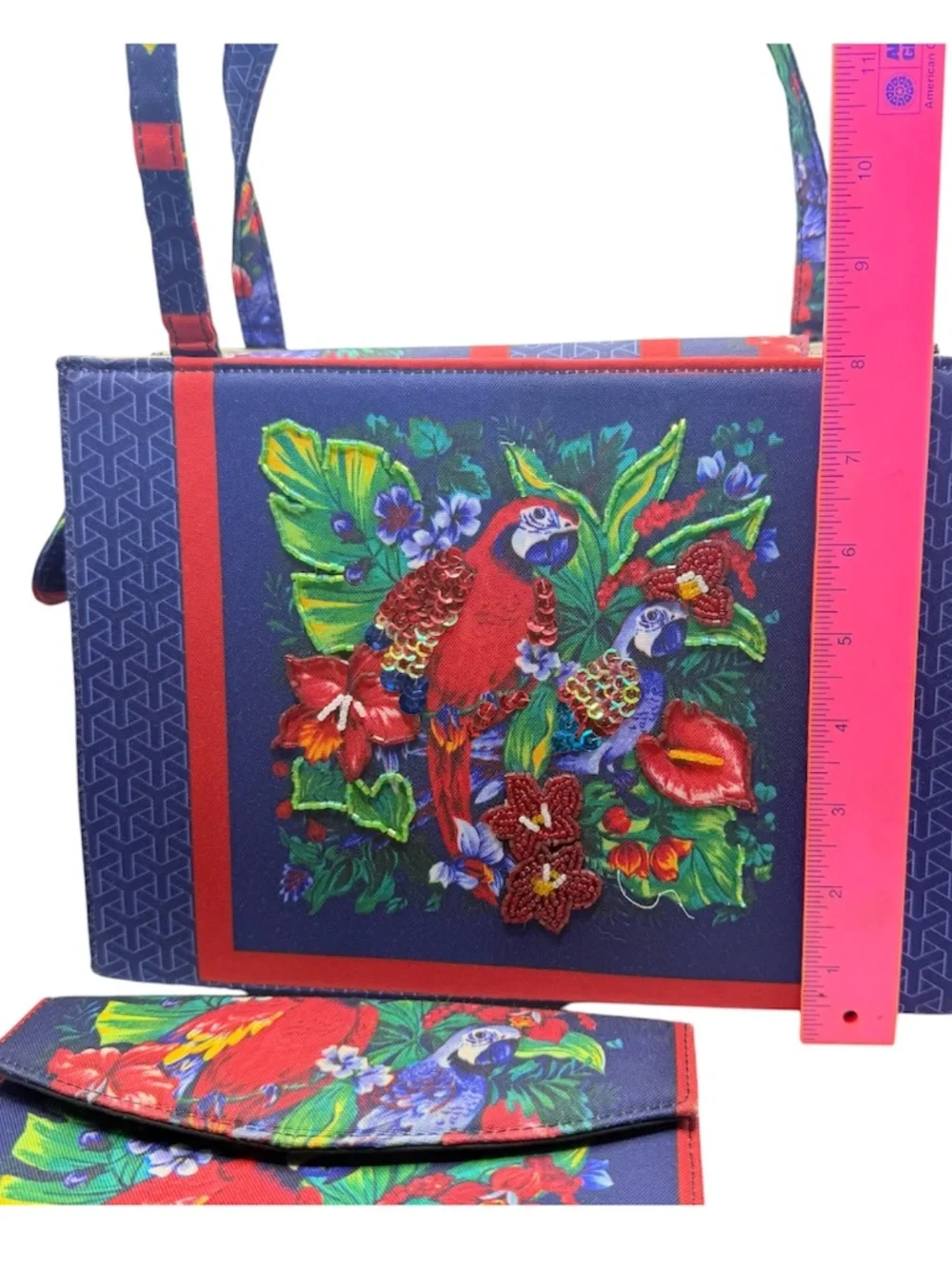 Tropical Parrot Beaded Embroidered Canvas Tote Bag Matching Wallet Set Y2K