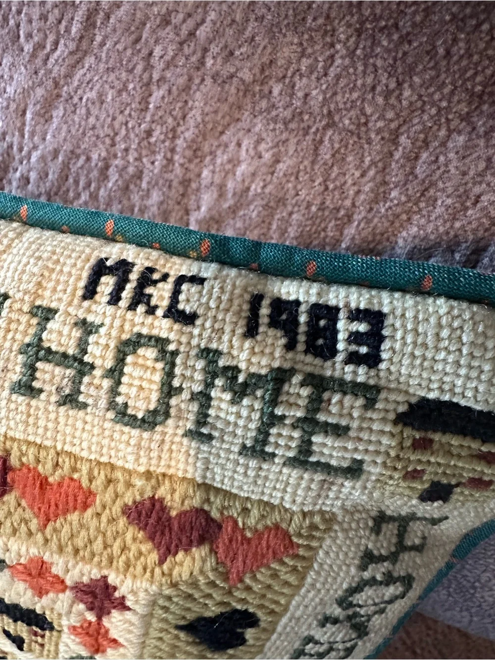 Vintage 1983 Home Sweet Home Cross Stitched Tapestry Pillow Handmade