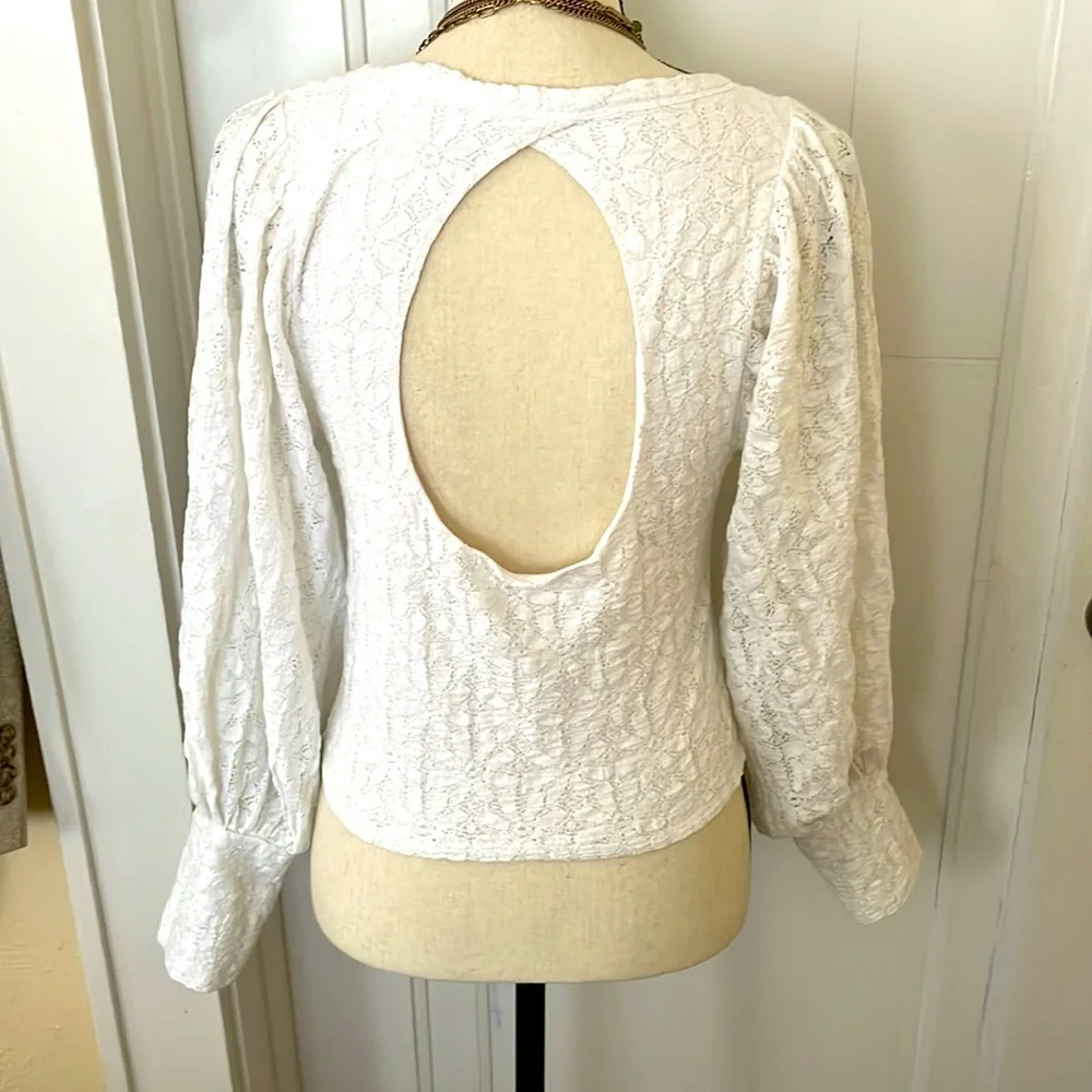 Free‎ People Jasmine Floral Lace White Boho Puff Sleeve, Open Back,size Medium