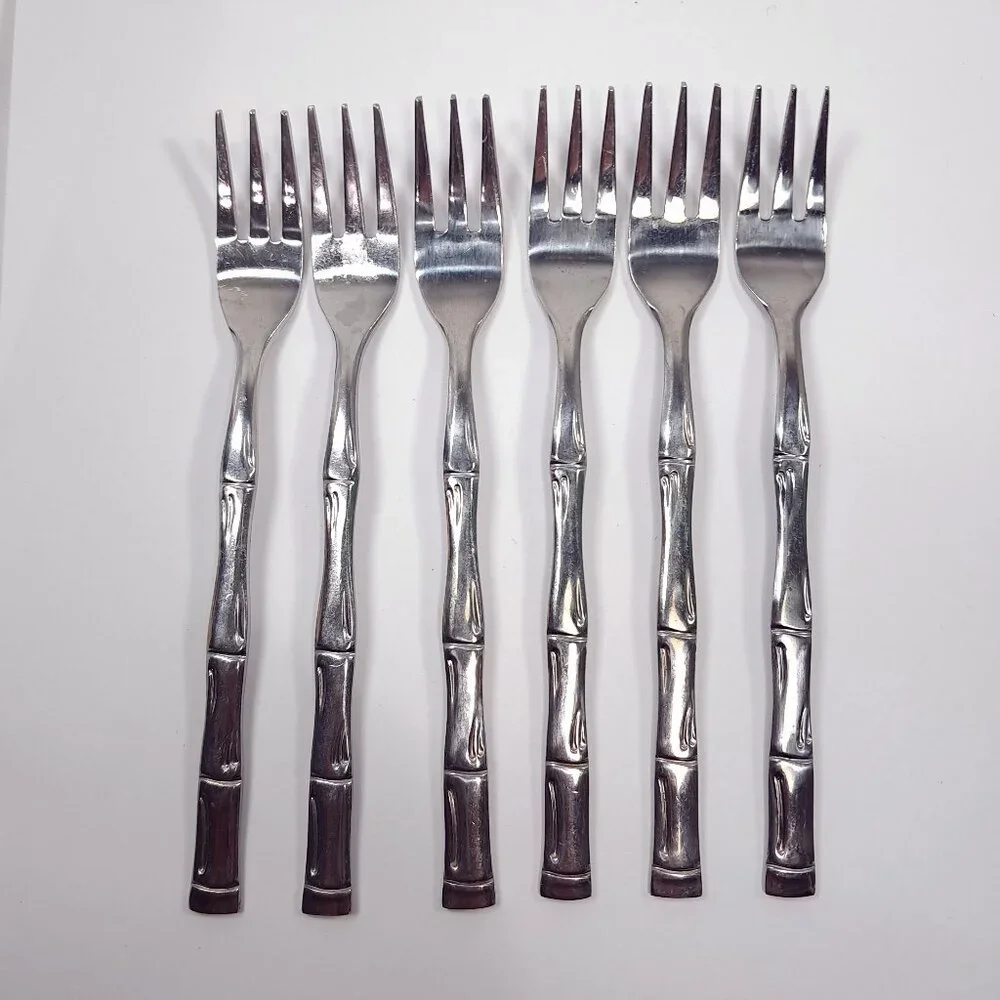 Vintage Sunshine bamboo stainless Korea Cocktail seafood forks set‎ 6 canapes